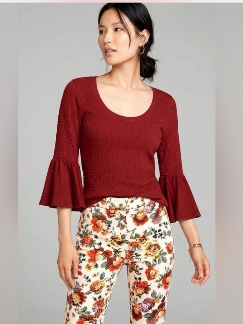 Anthropologie Burgundy Red Rust Smocked Scoop Neck Bell Sleeve Top